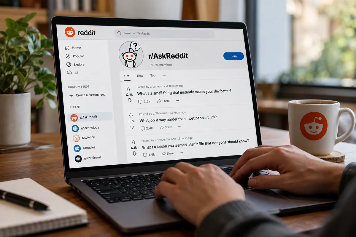 Reddit AskReddit community displayed on a laptop screen.